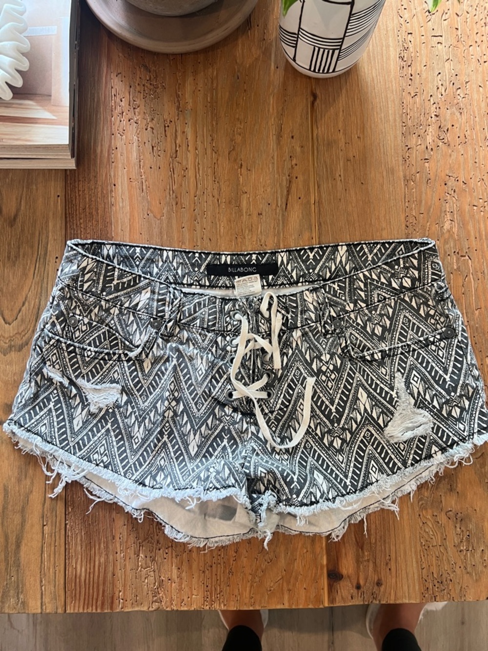 Billabong Black & White Aztec Lace-Up Jean Shorts